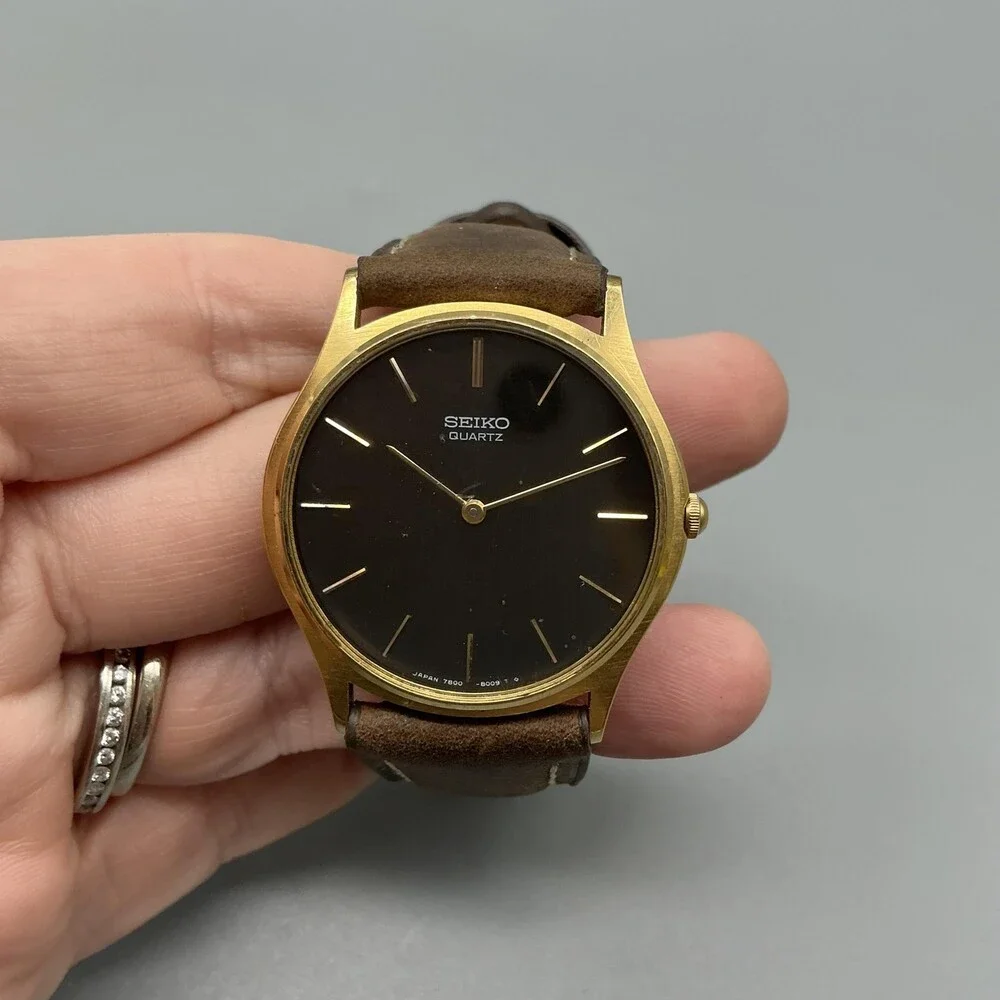 Vintage Seiko Quartz 7430-8009 Mens Watch 31mm Brown Dial Leather New Battery